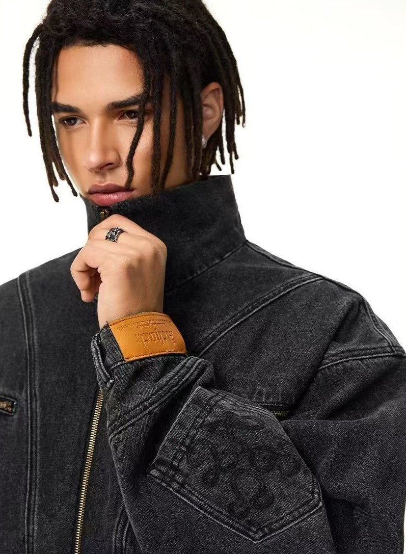 ACHOCK Street Wash Deconstructed Stand Collar Denim Jacket