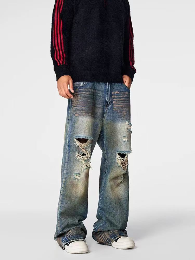 ACHOCK Retro Distressed Straight Leg Jeans