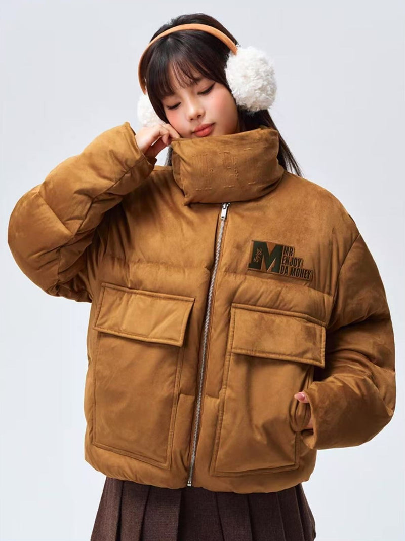 MEDM Logo Embossed Leather Label Scarf Down Jacket