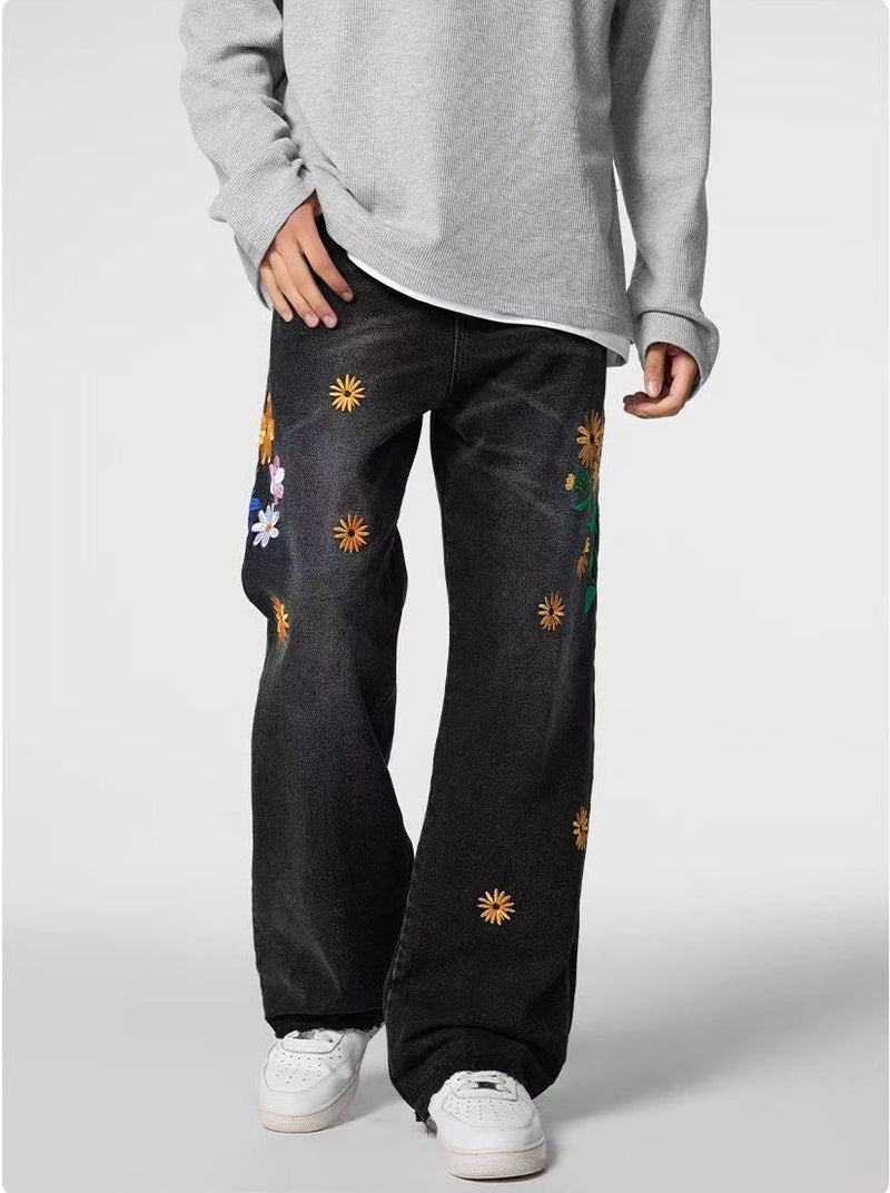 ACHOCK Washed Sun-Flower Embroidered Jeans