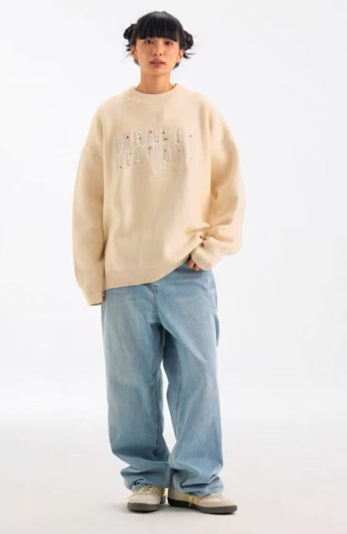 BIPOLAR Patch Embroidered Round Neck Pullover Sweater