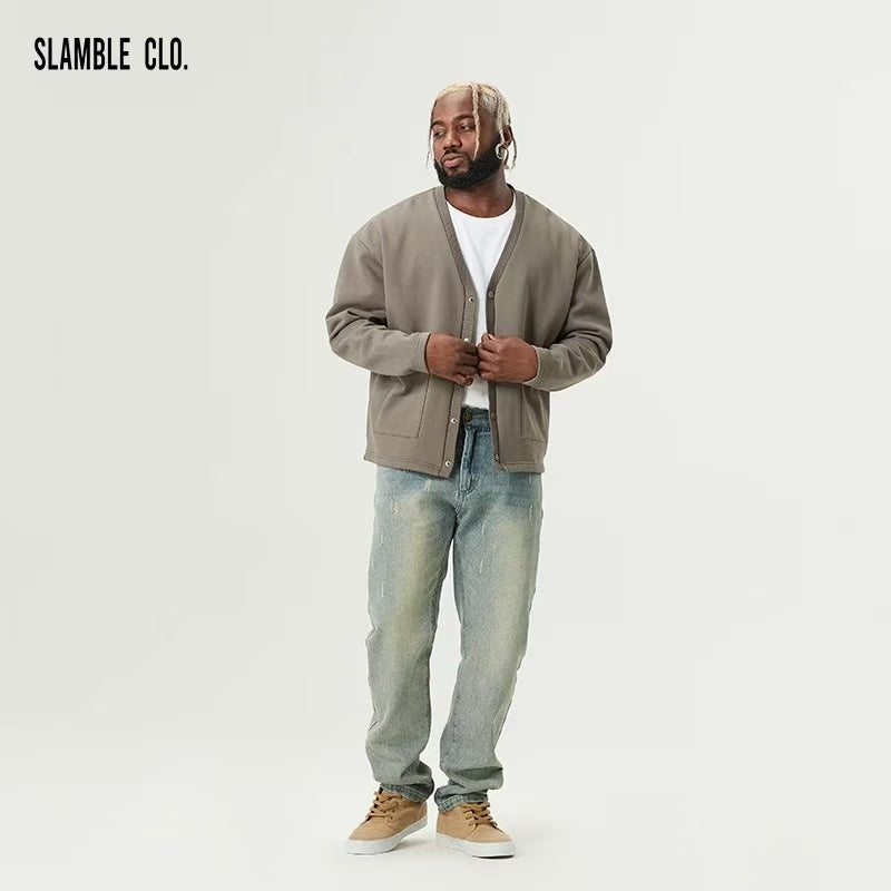 SLAMBLE Knitted Casual Solid Color V-neck Jacket