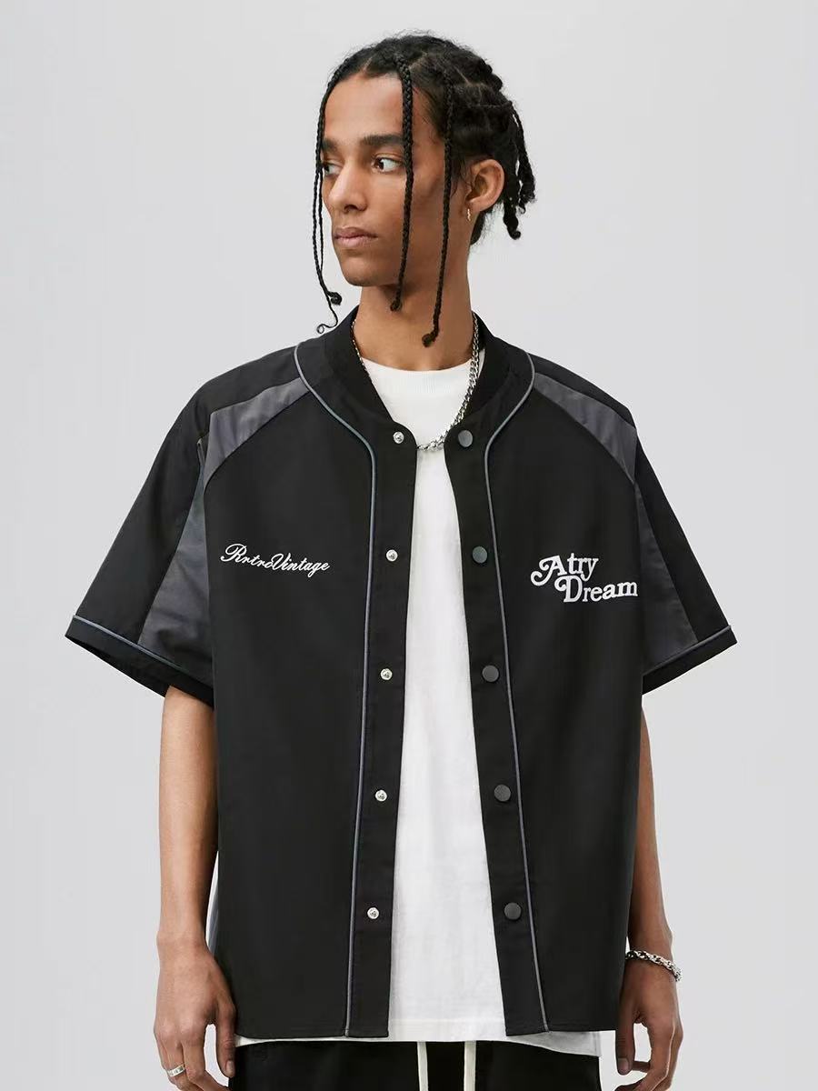 ATRY Raglan Patchwork Baseball Cardigan Short-sleeves T-shirt