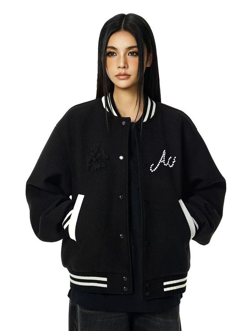 ACHOCK Heavy Embroidered Pearl Design Baseball Jacket