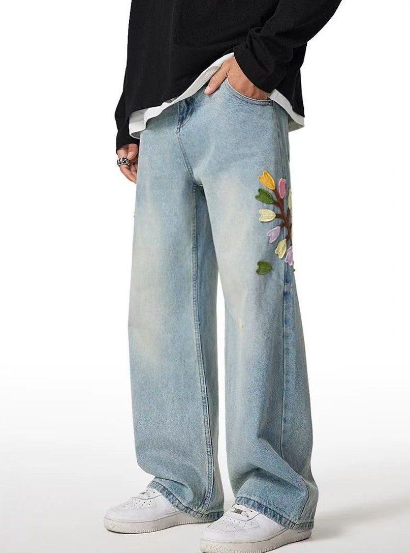 ACHOCK Floral Embroidered Heavy Duty Jeans