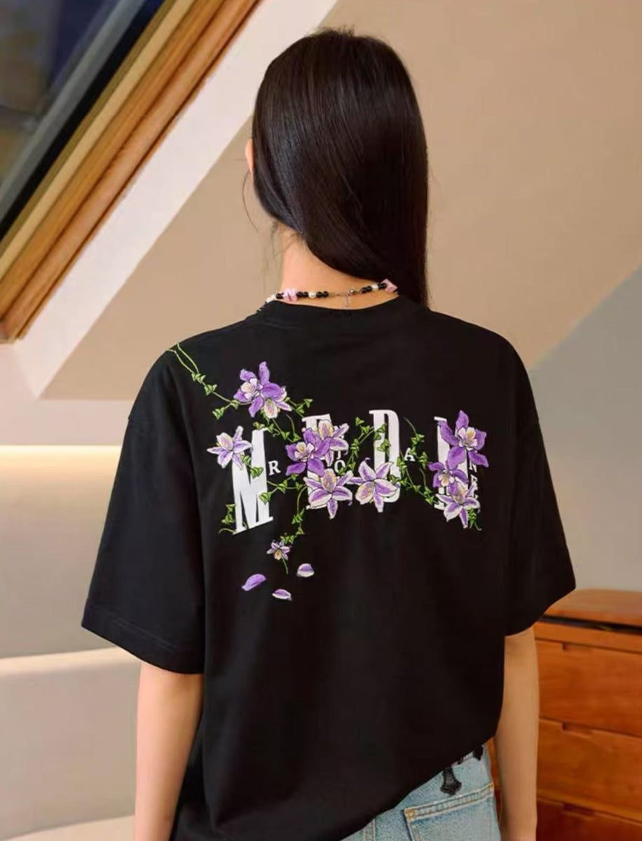 MEDM Vine and Flower Embroidered Short-sleeved T-shirt