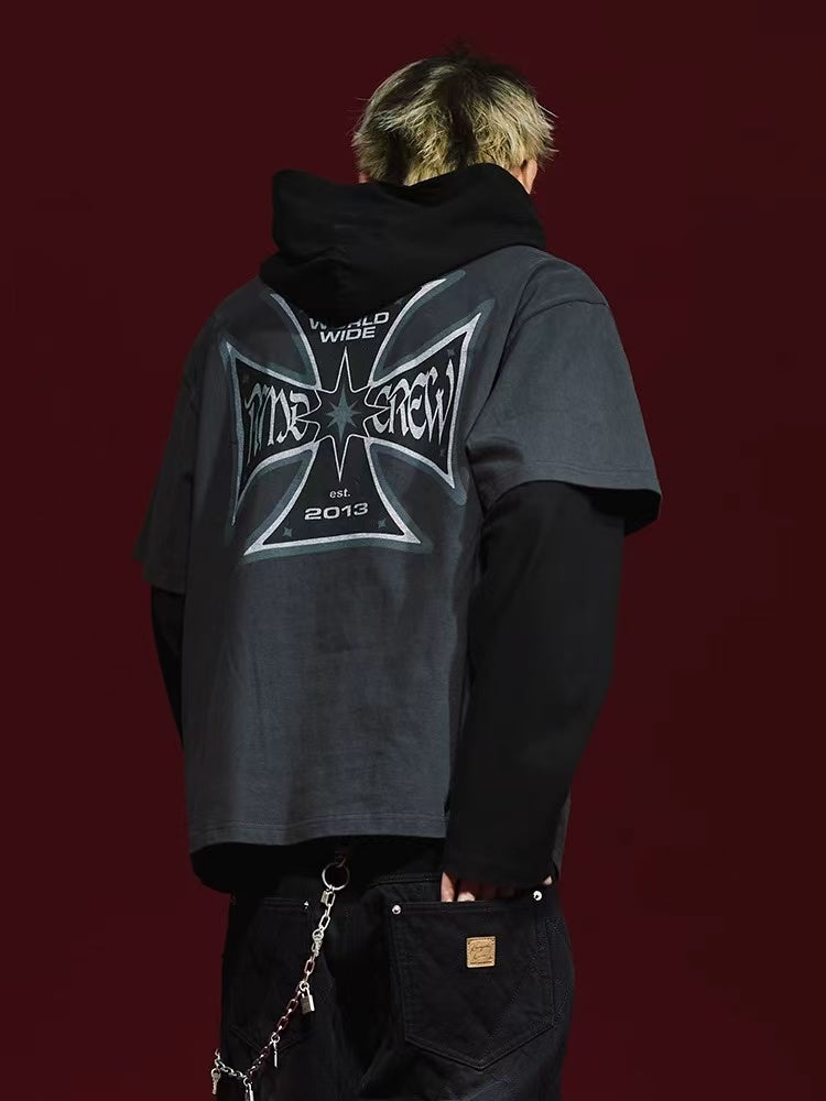 REMEDY Retro Fake Two-piece Hooded Long-sleeved T-shirt