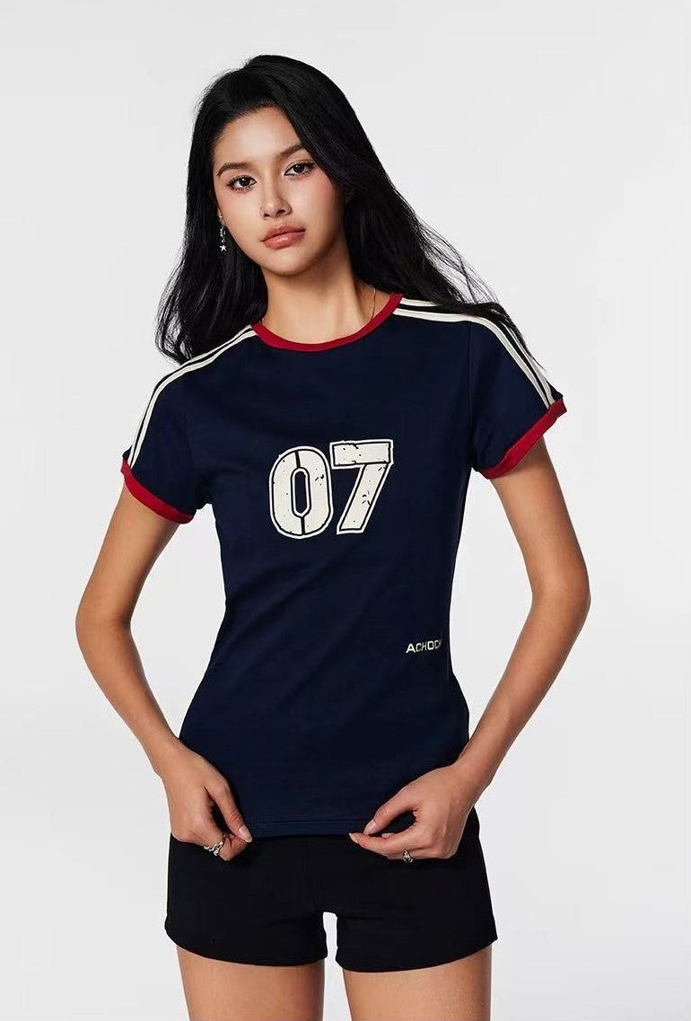 ACHOCK Retro Contrast Stripe Stitching Slimming Short-sleeved T-shirt (For Women)