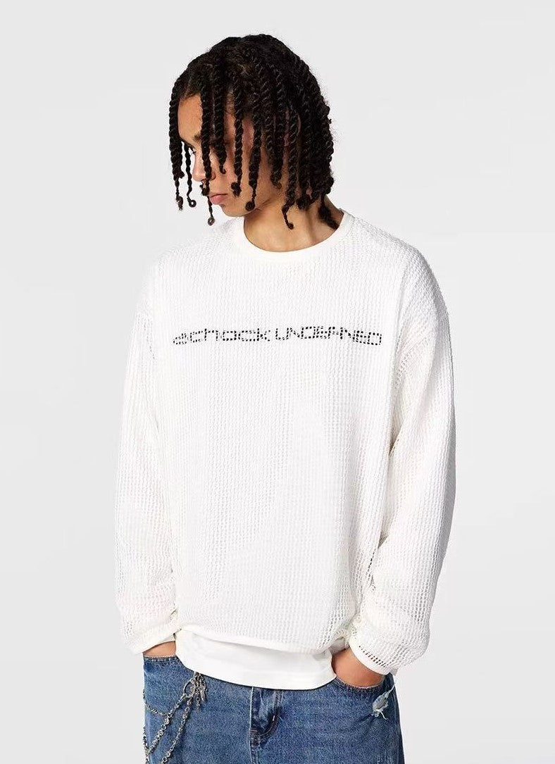 ACHOCK Fake Two-piece Heavy-duty Hollow Printed Long-sleeved T-shirt