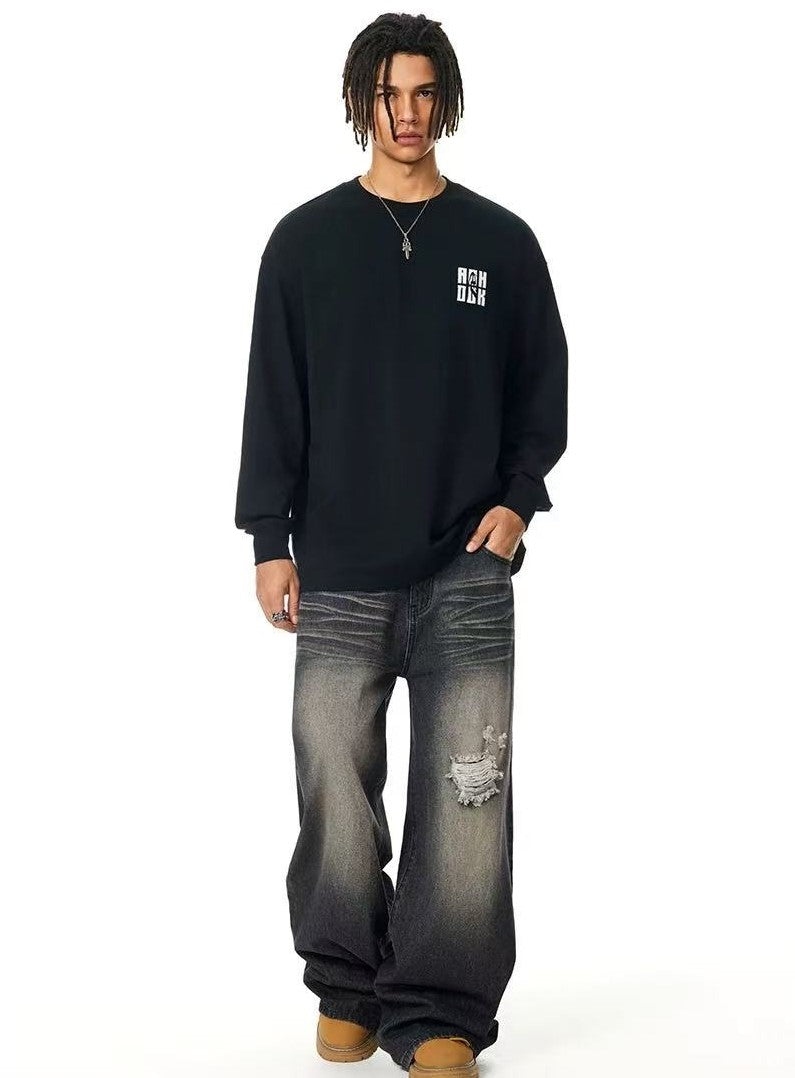 ACHOCK Basic Loose Logo Print Long-sleeved T-shirt