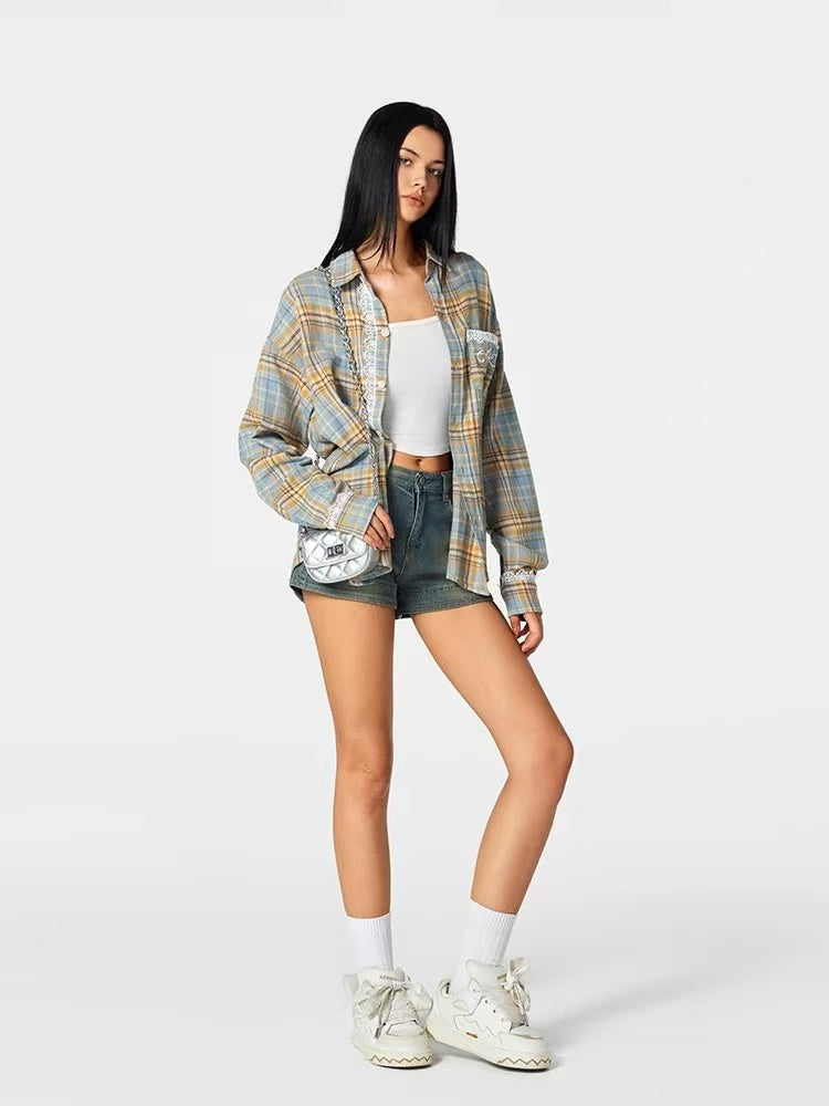 ACHOCK Retro Plaid Lace Splicing Long-sleeve Shirt