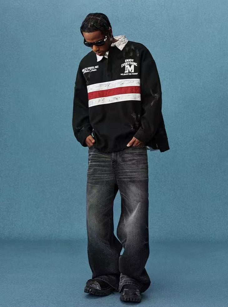 MEDM Contrast Color Striped Polo Long-sleeve T-shirt