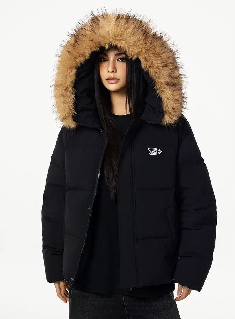 ACHOCK Logo Print Fur Collar Hooded Down Jacket