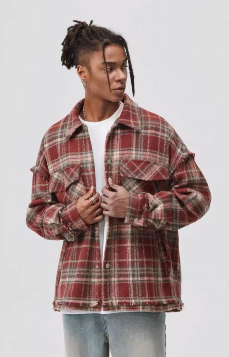 ATRY Washed Distressed Vintage Plaid Raw Edge Jacket