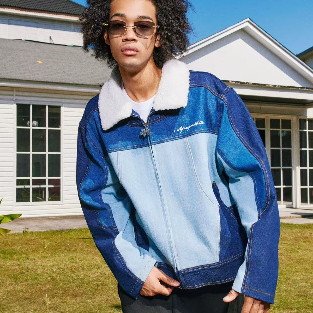 AFGK Spliced Fur Collar Denim Letter Embroidery Jacket