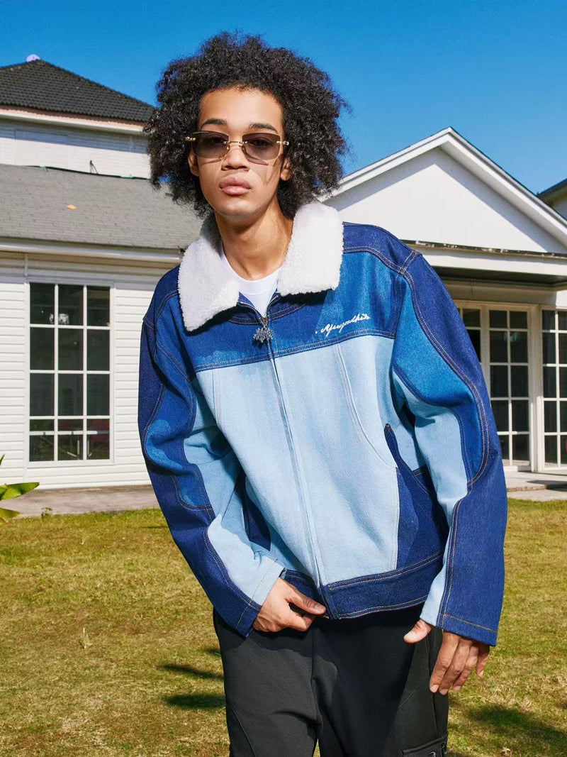 AFGK Spliced Fur Collar Denim Letter Embroidery Jacket