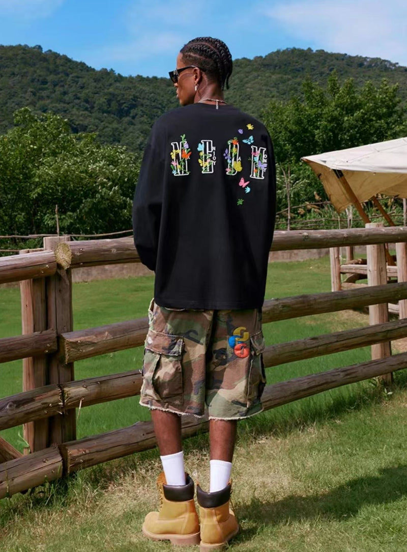 MEDM  Scattered Flower Embroidery Long-sleeved T-shirt