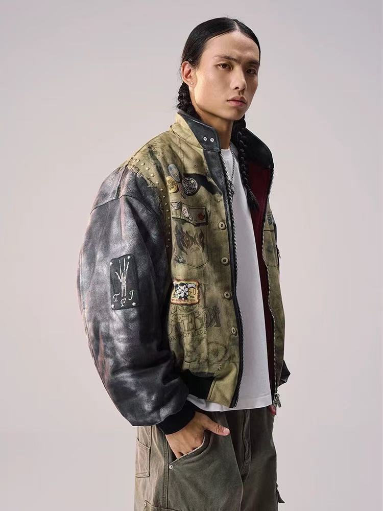REMEDY Washed Printed Patchwork Bomber Jacket