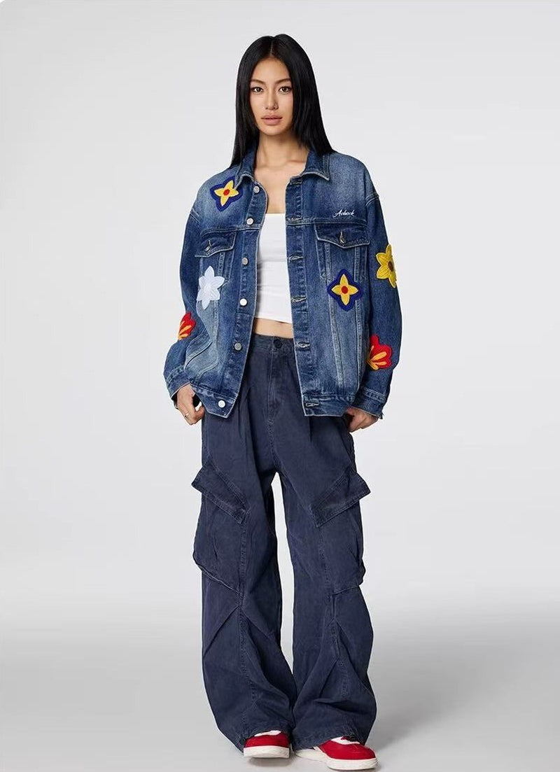 ACHOCK Flower Embroidered Denim Jacket