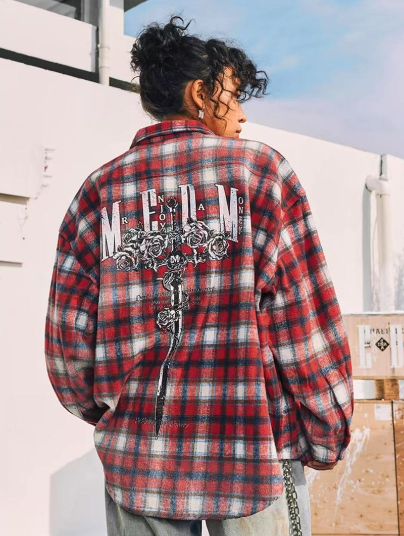 MEDM Washed Distressed Rose and Sword Plaid Long-sleeve Shirt