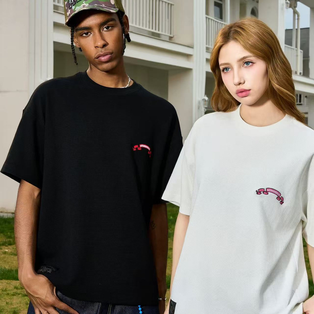 AFGK Waffle Ribbon Embroidered Short-sleeves T-shirt