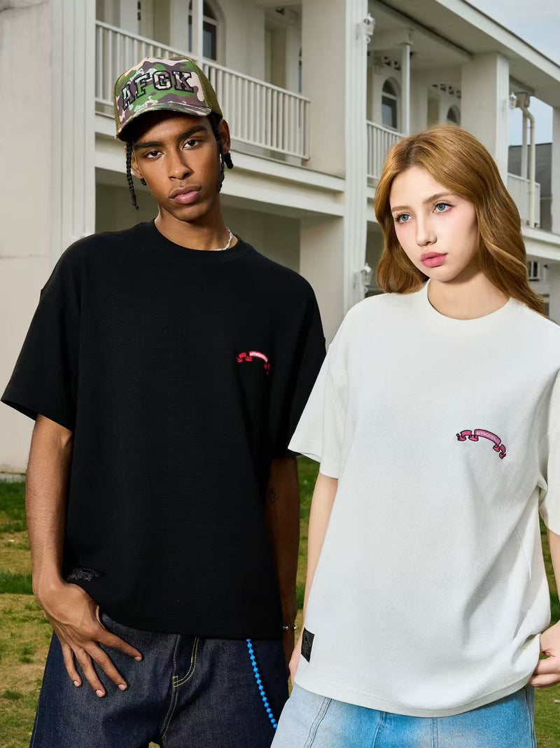 AFGK Waffle Ribbon Embroidered Short-sleeves T-shirt