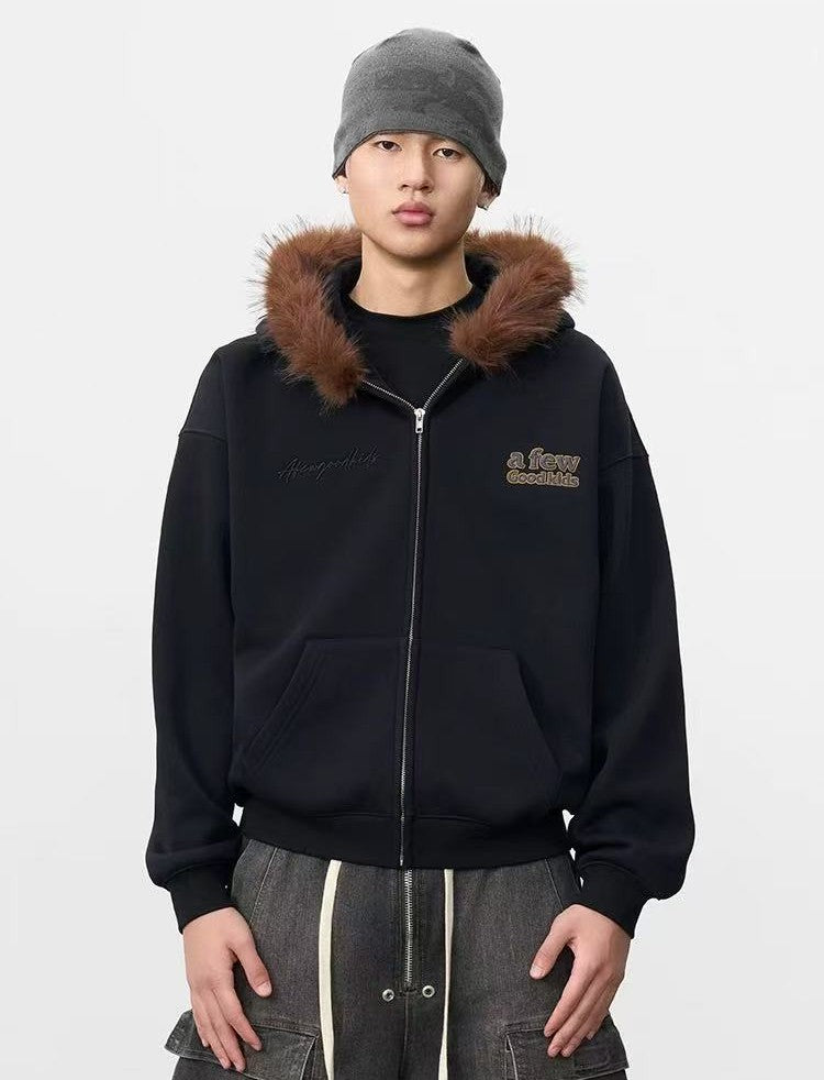 AFGK Retro Fur Collar Embroidered Hooded Cardigan Sweatshirt