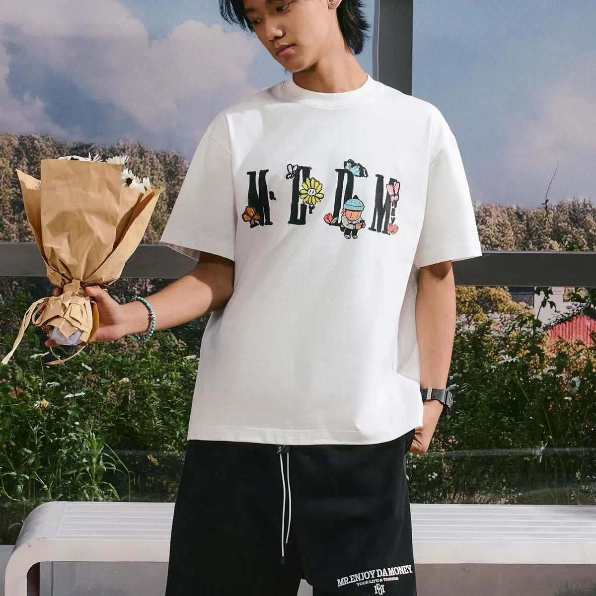 MEDMxNewmasus Butterfly Floral Print Short-sleeved T-shirt