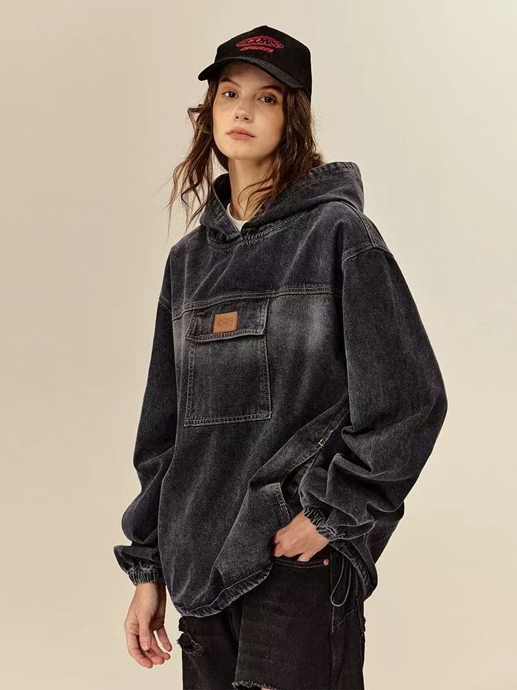 ICONSLAB Washed Denim Drawstring Split Hoodie