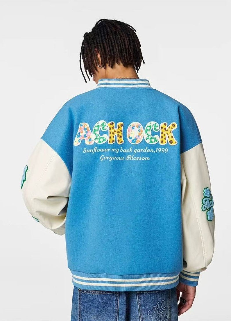 ACHOCK Hollow Floral  Embroidered Baseball Jacket