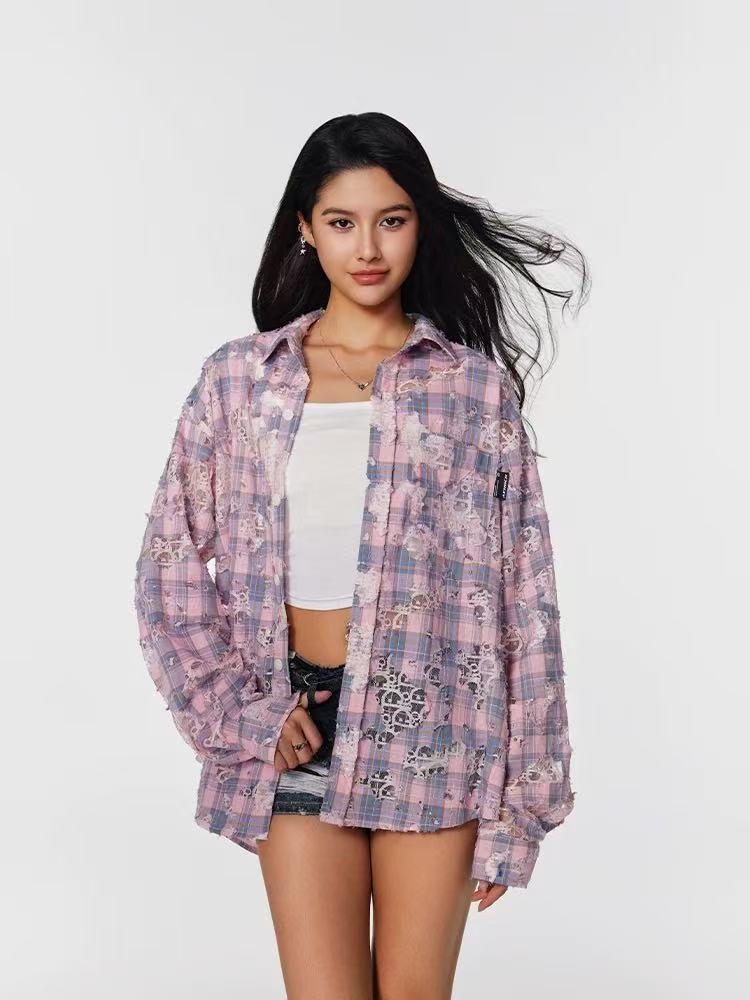 ACHOCK  Lace Lapel Plaid Long-sleeve Shirt