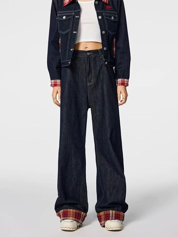 ACHOCK Plaid Patchwork Design Denim Jeans