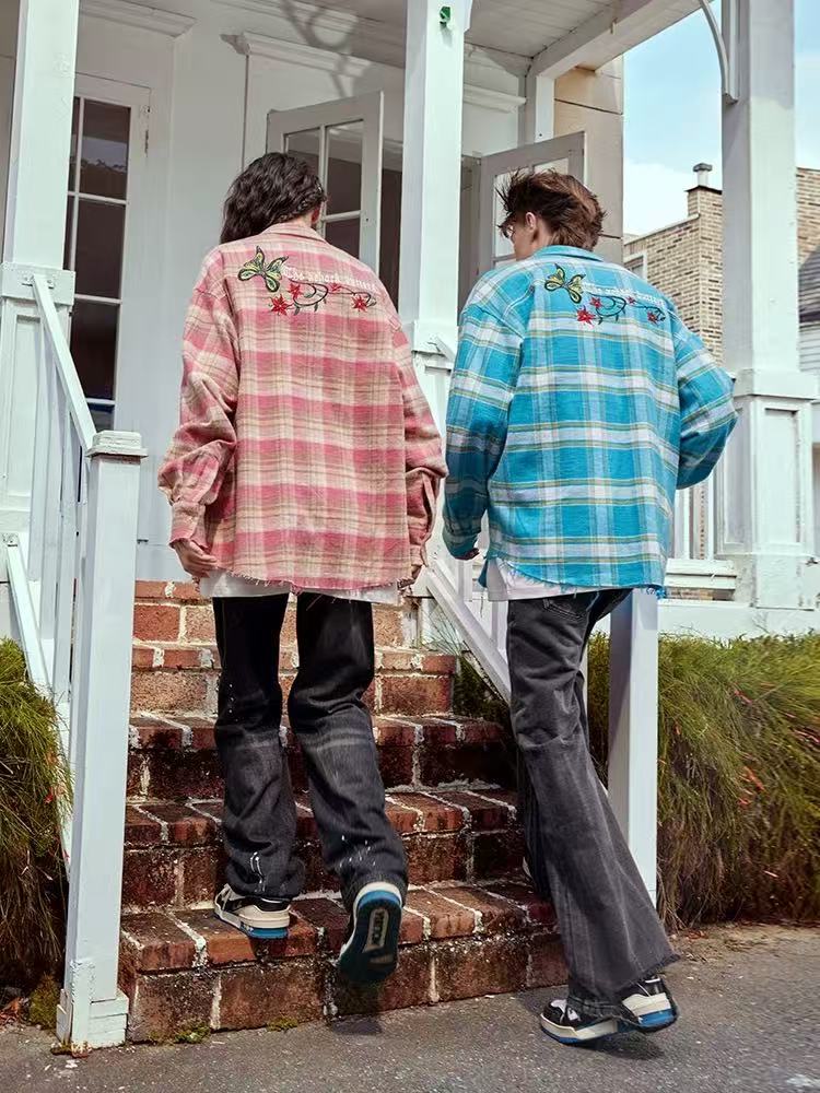 ACHOCK Embroidery Fringe Plaid Long Sleeve Shirt