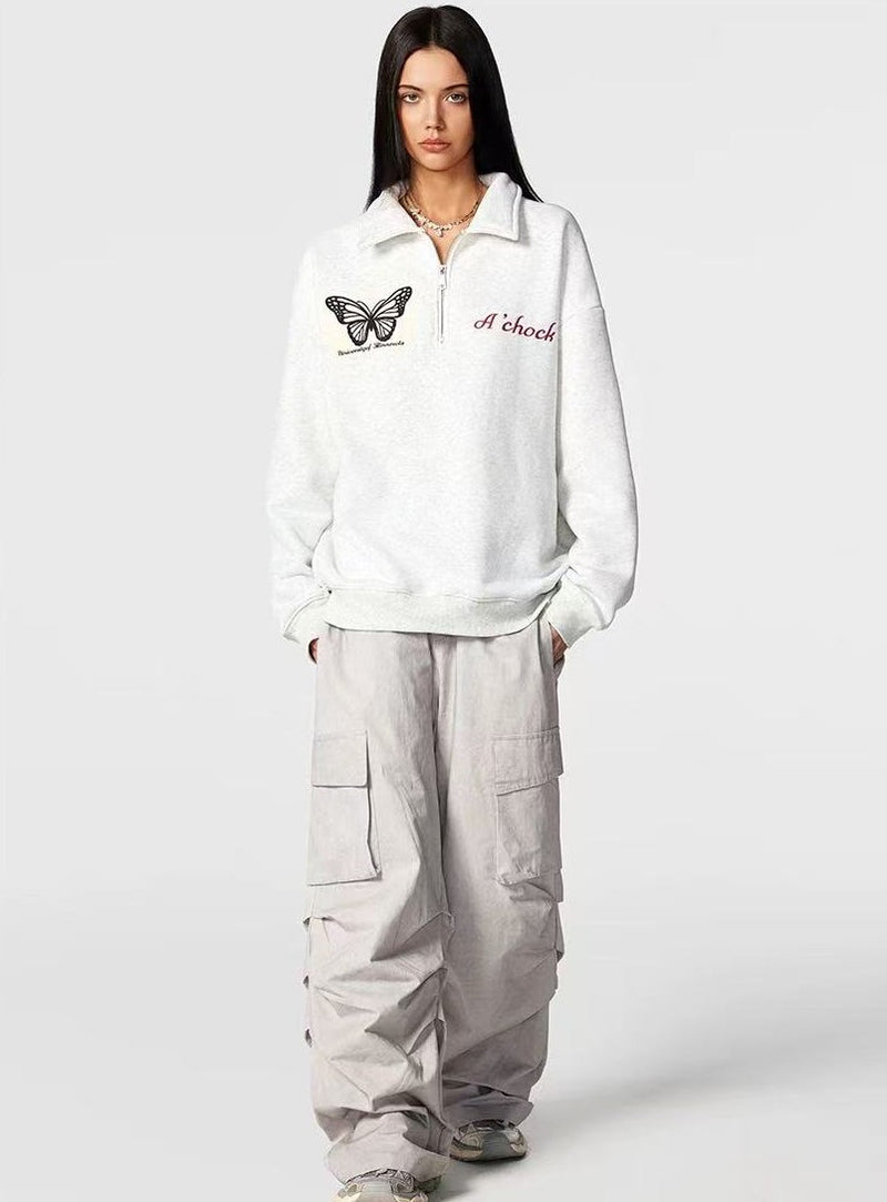 ACHOCK Heavy Butterfly Patch Embroidered Zipper Sweatshirt