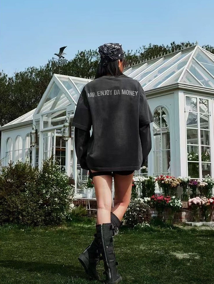 MEDM Washed Distressed Two-piece Long-sleeved T-shirt