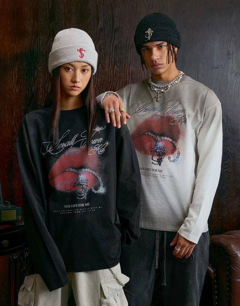 STK Vintage Dirty Wash Glitter Lip Long-Sleeve T-Shirt