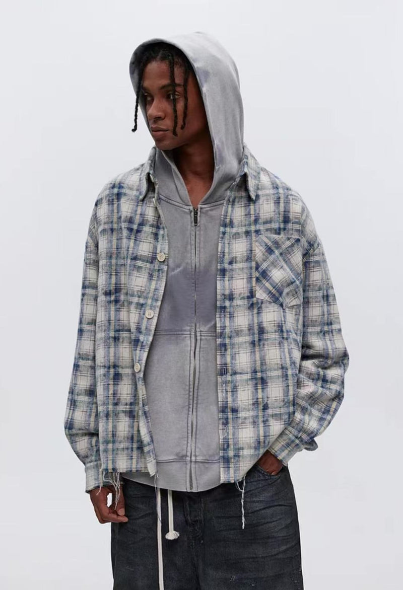 ATRY Irregular Raw Edge Plaid Shirt