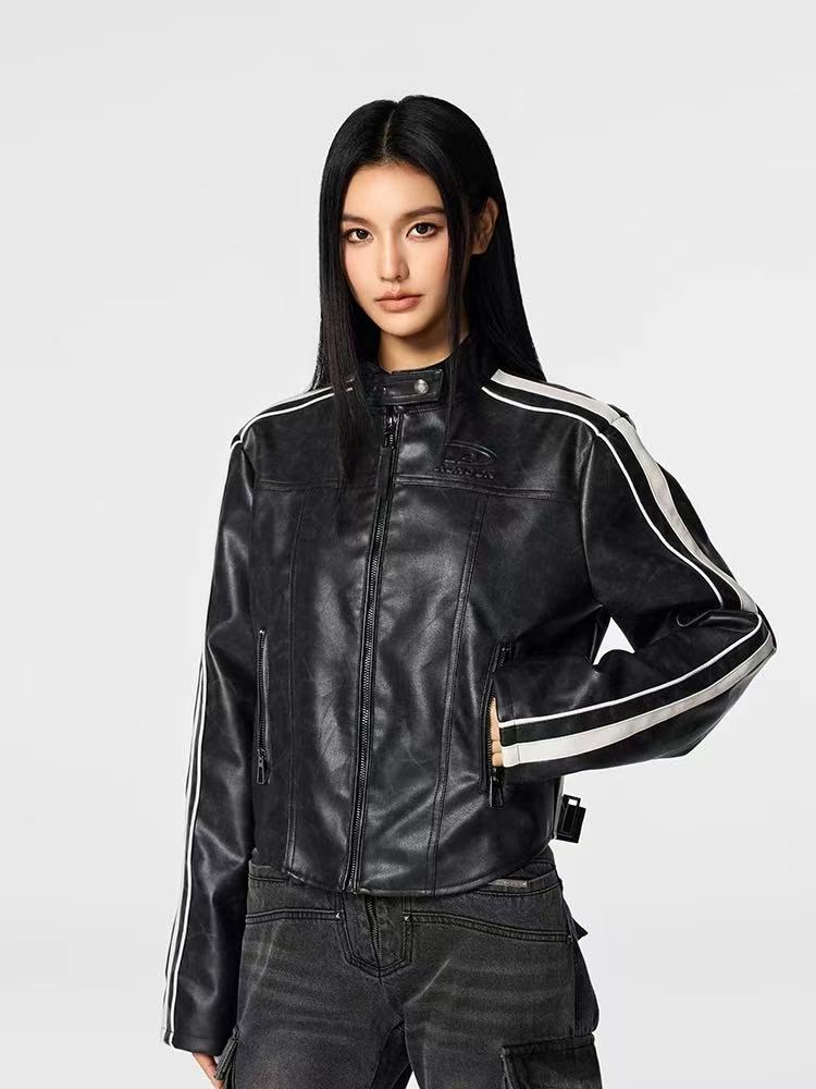 ACHOCK Leather Striped Motorcycle Jacket (For Women)