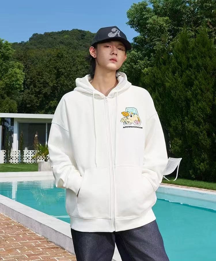 AFGK Hand-painted Lettering Embroidered Zipper Cardigan