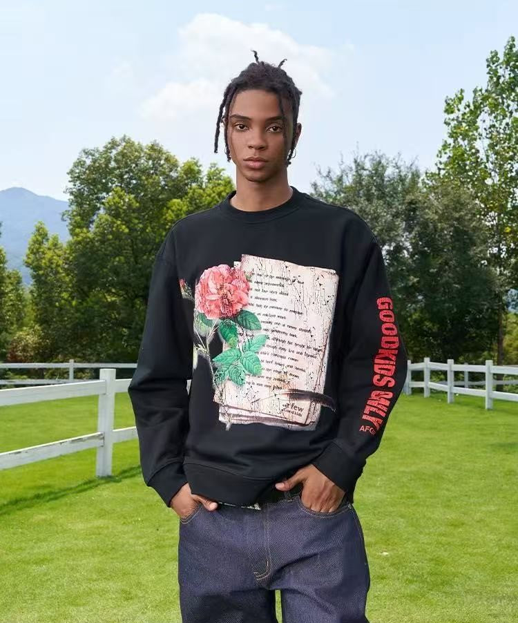 AFGK Flowers and Love Letters Thin Velvet Crew Neck Sweatshirt