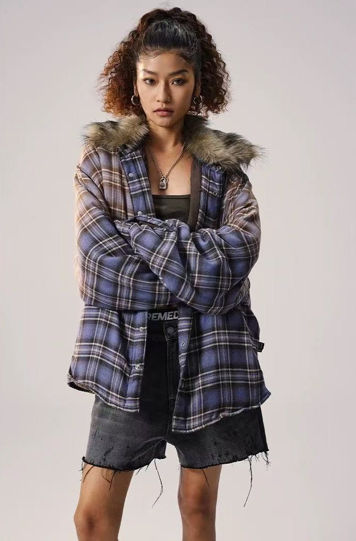 REMEDY Thickened Gradient Distressed Plaid Fur Collar Cotton Coat