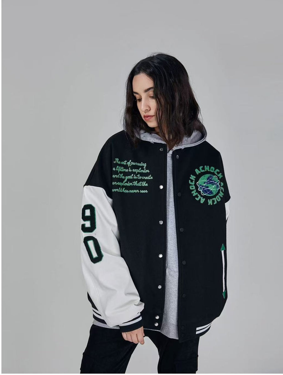 ACHOCK Green Earth Embroidered Baseball Jacket