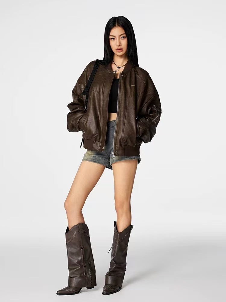 ACHOCK Retro Nostalgic Motorcycle Quilted Leather Jacket