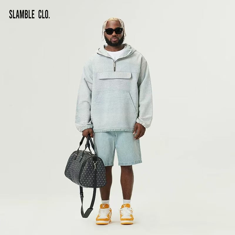 SLAMBLE Washed Half-zip Casual Trendy Hoodie