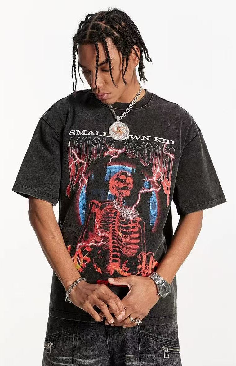 STK Washed Skull Print Crew Neck T-Shirt