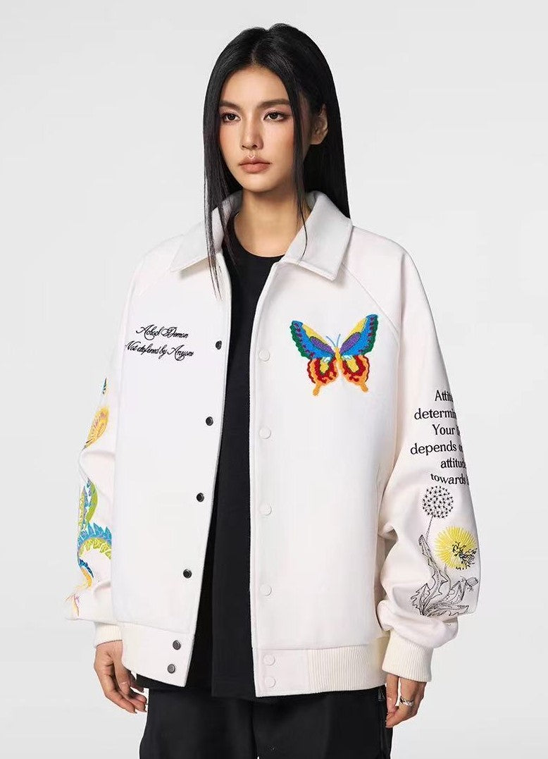 ACHOCK Butterfly Embroidered Stand Collar Baseball Jacket