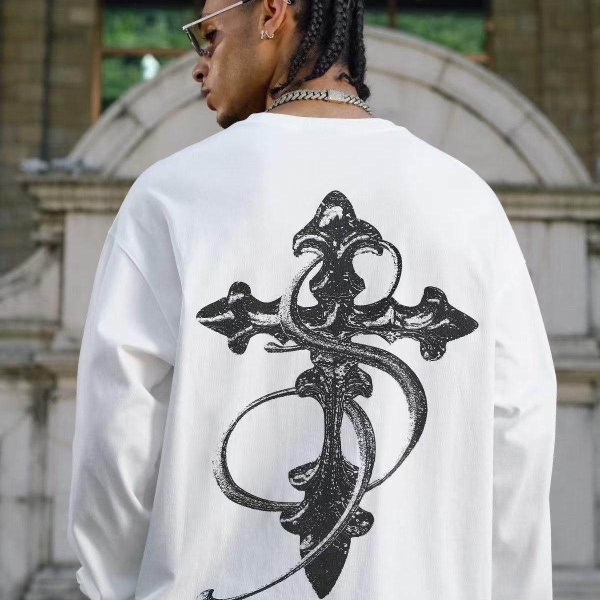 STK Vintage Black and White Cross Long-Sleeve T-Shirt