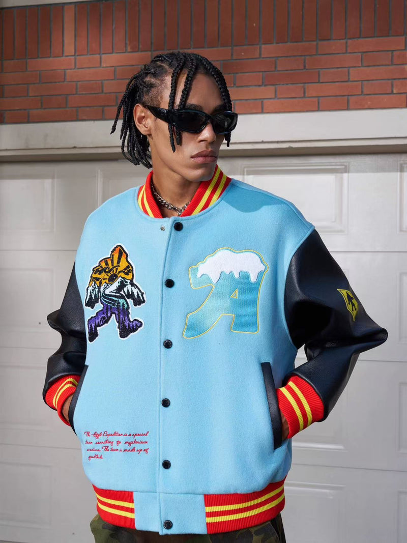 AFGK Snowy Terry Embroidered Contrasting Color Baseball Jacket