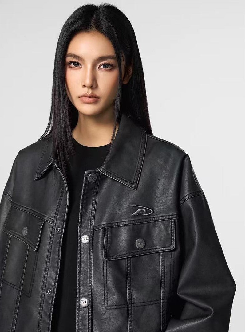 ACHOCK Vintage Washed Lapel Leather Jacket