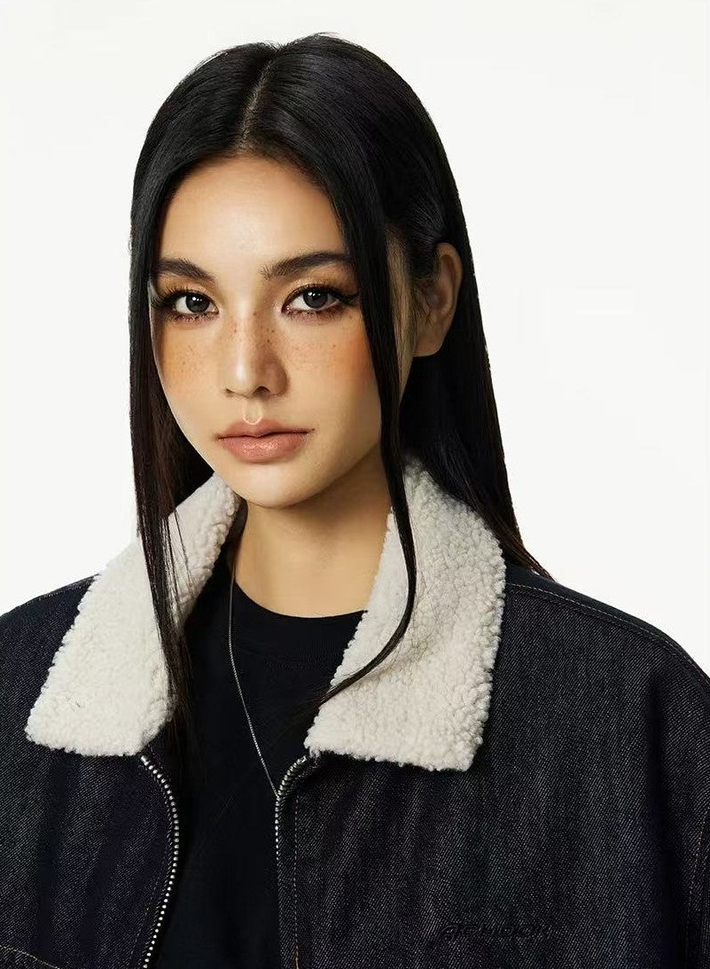ACHOCK Denim Faux Sherpa Lapel Warm Thicken Jacket